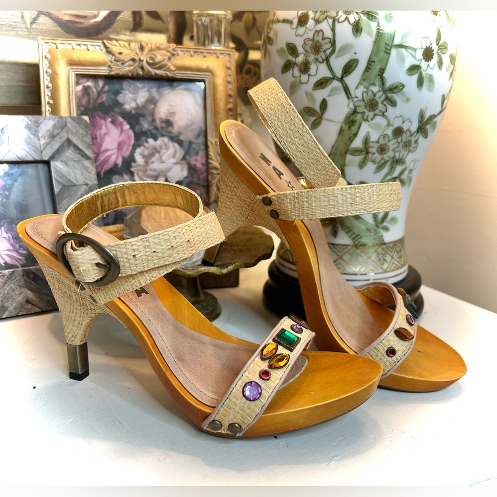 NaNa bejeweled woven raffia Strappy Heels with Wooden base